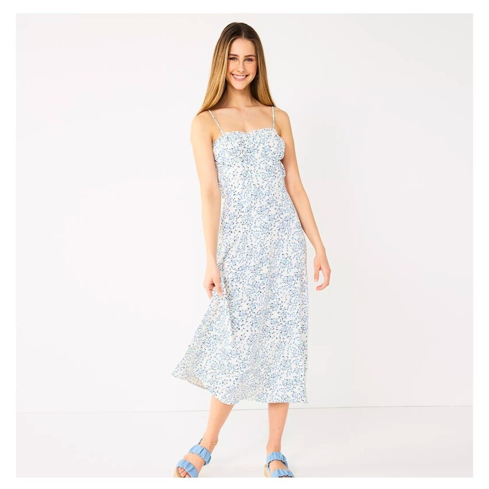 Juniors' Speechless Side Slit Maxi Dress floral print blue/white corset top SZ M